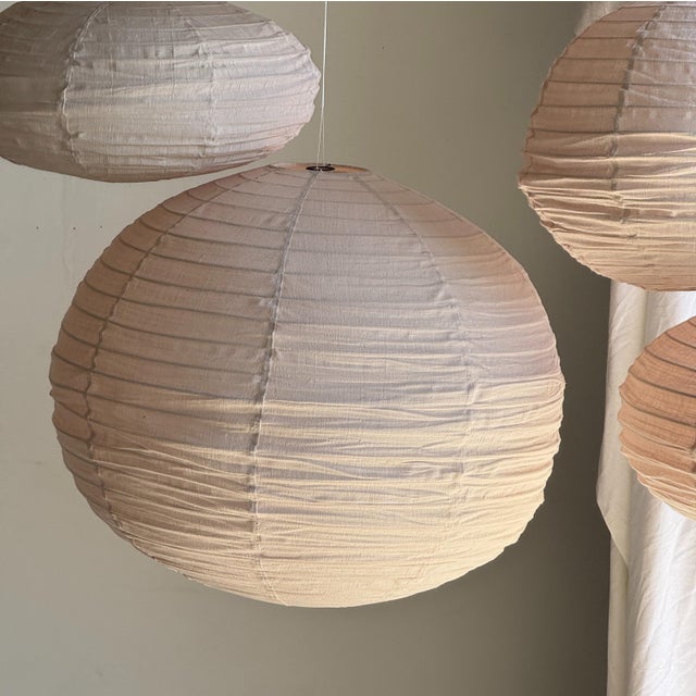 Very Large Round Pinkish Rattan and Natural Linen Pendant Light For Sale - Image 6 of 18
