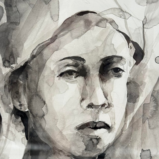 Original signed monochrome watercolor portrait rendered in expressive shades of gray and black, capturing both strength...