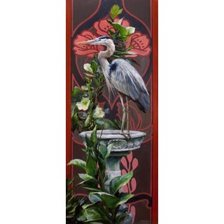 Féith by Lindsey Kustusch | Oil on panel Heron standing on a pedestal among foliage. For Sale