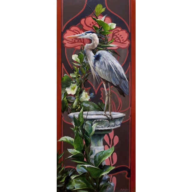 Féith by Lindsey Kustusch | Oil on panel Heron standing on a pedestal among foliage. For Sale