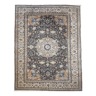 Vintage Persian Nain Area Rug, Hand-Knotted Wool & Silk, Floral Pattern, 9x13, Navy & Ivory For Sale