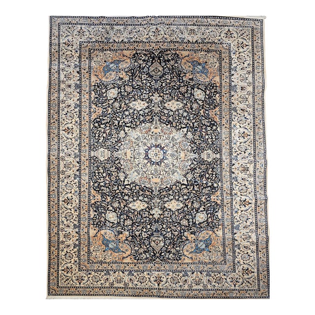 Vintage Persian Nain Area Rug, Hand-Knotted Wool & Silk, Floral Pattern, 9x13, Navy & Ivory For Sale