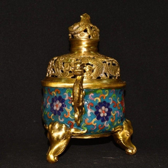 Mid 20th Century Vintage Cloisonne Enamel Incense Burner – 9.8" Gilt Dragon Censer With Pierced Lid For Sale - Image 5 of 9