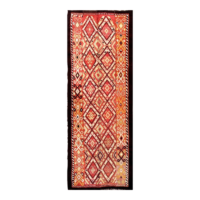 1890s Antique Red Rust Geometric Julkhir Uzbekistan Knotted Wide Gallery Rug For Sale
