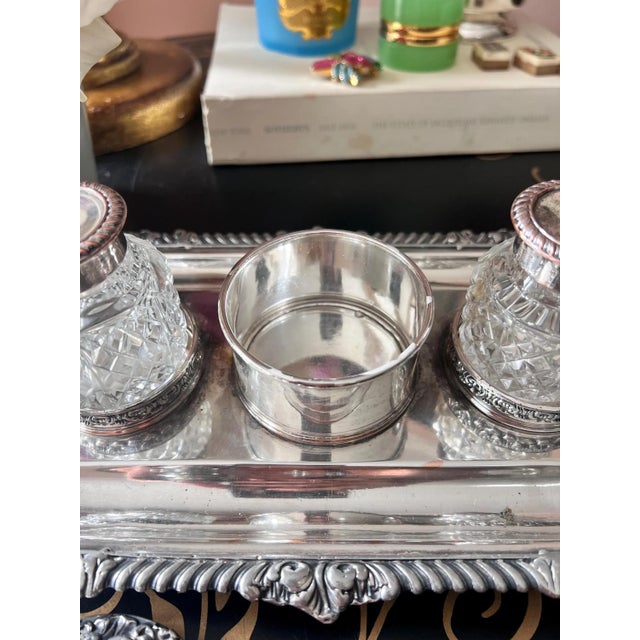 Set of 4, Antique silverplate inkwell stand with crystal diamond cut inkwells // pen and ink // desk accessory // silver on copper For Sale - Image 15 of 15