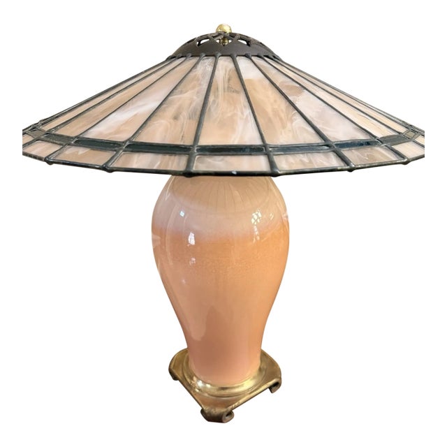 Vintage Mid-Century Modern Crescent Brass Manufacturing Co. Lamp & Slag Glass Shade. Glazed Apricot-Colored Base For Sale