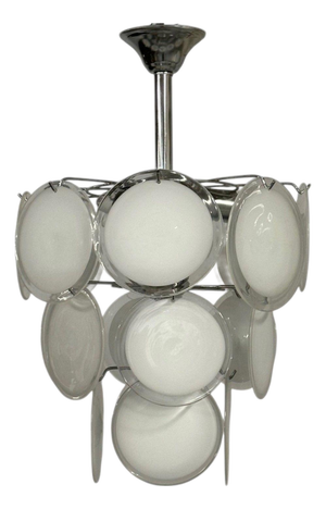 Mid-Century Modern, White Pendant Light, Murano Glass, Chrome, 1960s