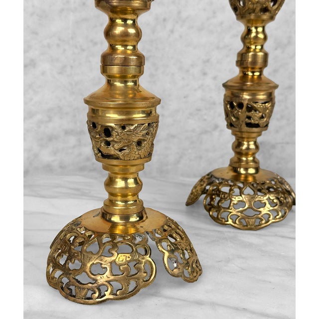 Brass Vintage 15" Chinese Brass Dragon Motif Mantle Candlestick Holders - A Pair For Sale - Image 8 of 9