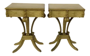 Vintage Hollywood Regency Gilt Plumes Feather Side Tables - a Pair