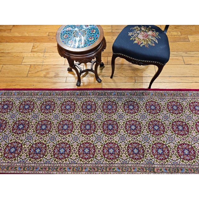 Persian Vintage Persian Qum Runner Rug, Hand-Knotted Wool, Allover Geometric Pattern, 3x13, Tan & Red For Sale - Image 3 of 14