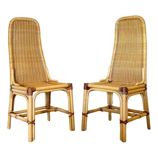 Set of Wicker, Leather, and Bamboo Chairs, 1970s For Sale