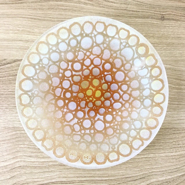 Vintage fused glass and enamel art glass shallow bowl by Maurice Heaton. Clear glass with white, terra-cotta and yellow...