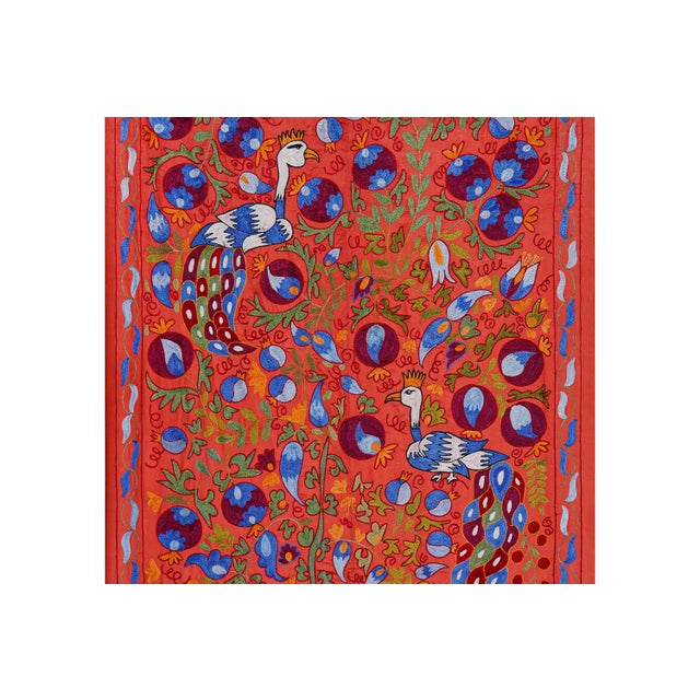 1960s Red Suzani Embroidered Wall Hanging With Peacocks – Silk Cotton Boho Textile 3'4'' X 6'1'' For Sale - Image 5 of 9