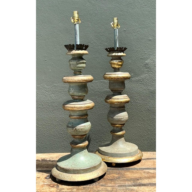 Vintage Italian Gilt Tipped Turned Wood Lamps - Pair For Sale - Image 14 of 17