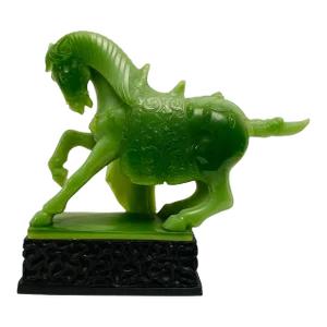 Vintage Chinese Green War Horse Statue on Black Pedestal