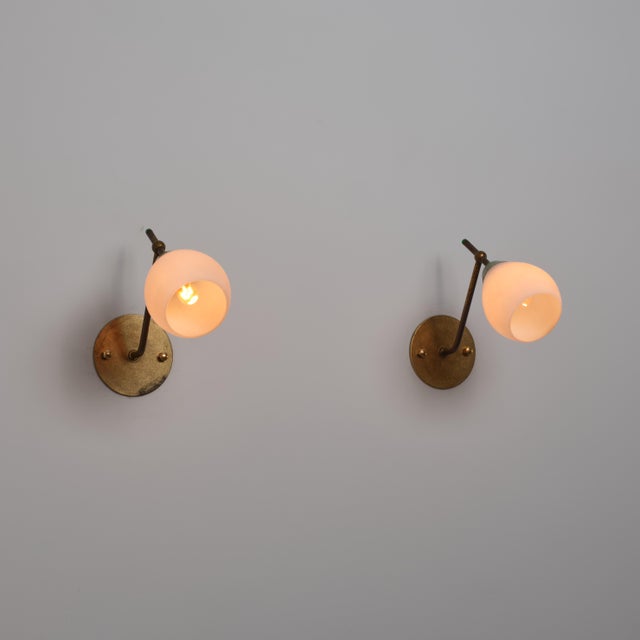 Gold Vintage Italian Green Lacquered Metal and Opaline Glass Sconces, 1950s, Set of 2 For Sale - Image 8 of 9