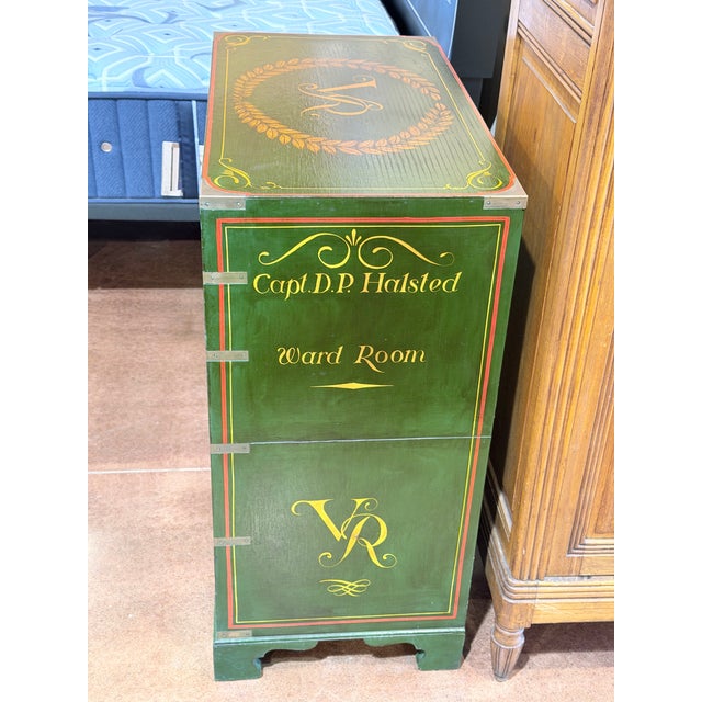 Campaign Antique Victorian Naval Campaign Secretary Chest With Hand Painted Maritime Motifs For Sale - Image 3 of 12