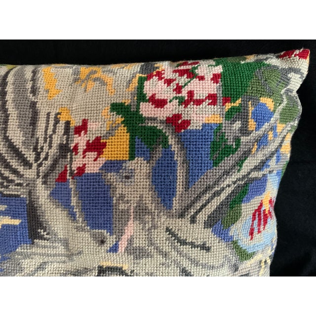 Vintage Handmade Wool Needlepoint Throw Pillow Jacobean Birds Flowers Sateen Back For Sale - Image 6 of 7