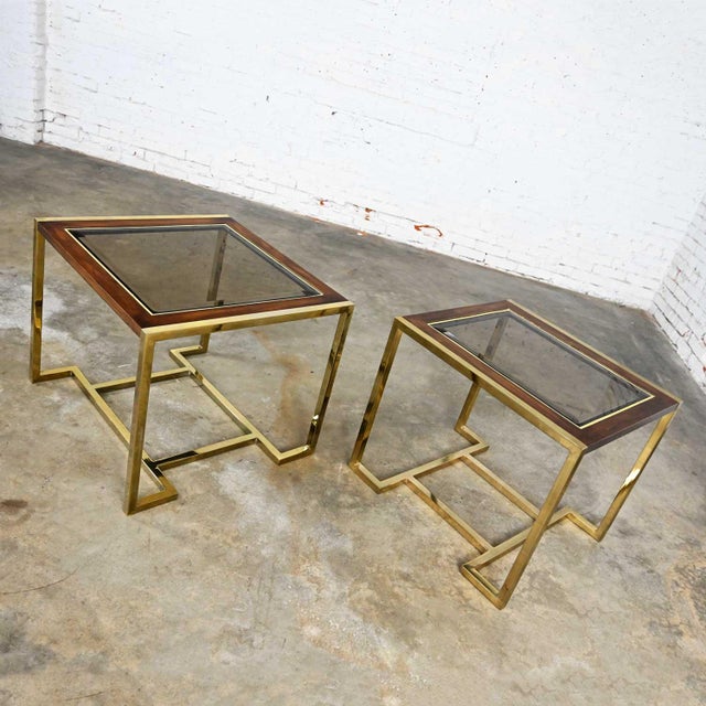 Modern End Tables 2 Sizes Brass Plated Dark Wood & Smoked Glass Rectangles by Thomasville Furniture Style of Milo Baughman, a Pair For Sale - Image 17 of 17