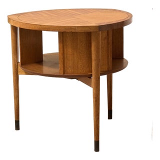 Vintage Brown Saltman Mid-Century Modern Round Walnut Side Table With Geometric Top For Sale