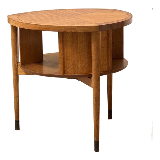 Vintage Brown Saltman Mid-Century Modern Round Walnut Side Table With Geometric Top For Sale