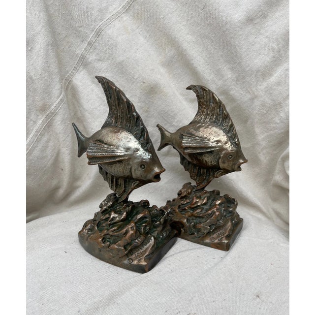 Hollywood Regency Antique Armore Bronze Fish Bookends by L. Bartoli For Sale - Image 3 of 9