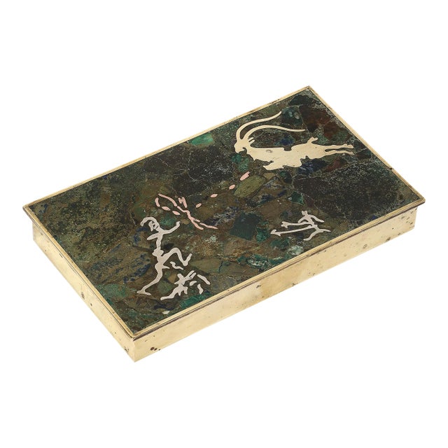 Mid-Century Hunting Scene Brass, Silver & Stone Inlay Box by Salvador Teran For Sale