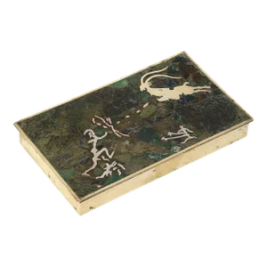 Mid-Century Hunting Scene Brass, Silver & Stone Inlay Box by Salvador Teran