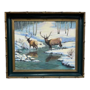 1950s Deer Painting, Framed