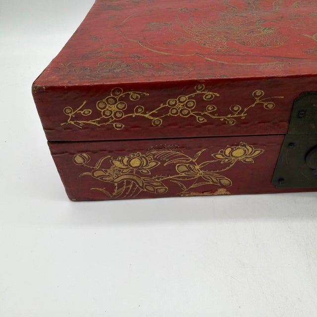 Vintage Chinese Gilt Red Lacquer Leather Document Box With Dragon & Phoenix For Sale - Image 6 of 14