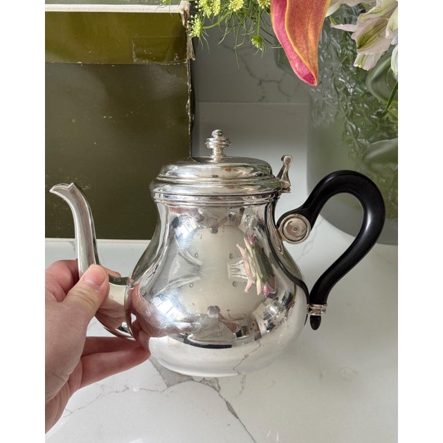 French Mid 20th Century Christofle France Bagatelle Silverplate Teapot With Ebony Wooden Handle 6.25x8.5" For Sale - Image 3 of 11