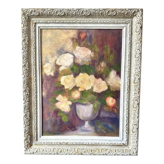 Mid-Century Floral Oil Painting of Roses | Ornate Whitewashed & Gilt Frame | Romantic Cottagecore Still LifeRoses For Sale