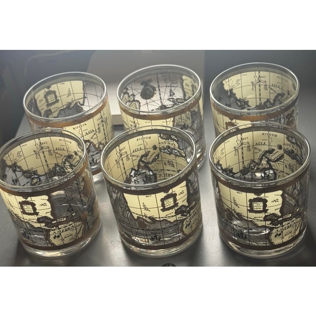 Mid-Century Modern 1960s Cera 22k Gold Old World Map Lowball Glasses - Set of 6 For Sale - Image 3 of 11