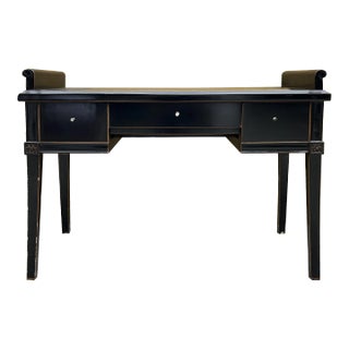 Chinese Black Lacquer 2 Drawers Foyer Scroll Edge Side Table Desk For Sale