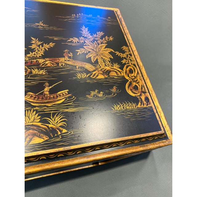 Pair of Chinoiserie Square Open Cube Black Gold Side Tables For Sale - Image 12 of 12
