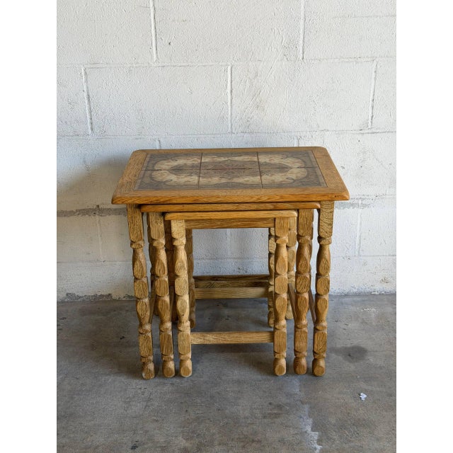Mid-Century Modern Oak Tile Top Nesting Tables Set of 3 Danish Mid-Century Modern Side Tables 1970s For Sale - Image 3 of 9