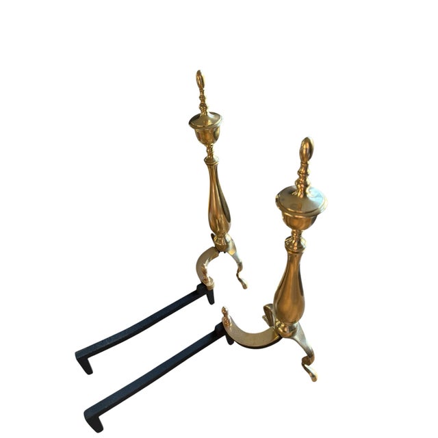 Art Deco Restored Chippendale Style Vintage Brass Andirons- A Pair For Sale - Image 3 of 9