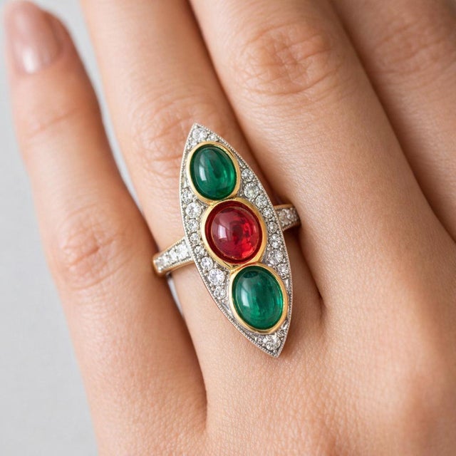 1960s 14k Yellow Gold Burmese No-Heat Red Spinel, Emerald & Diamond Ring, Size 6.5 For Sale - Image 10 of 13
