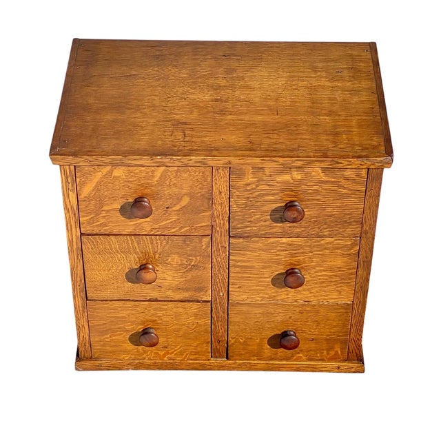 Wood Antique 6 Drawer Tiger Oak Desktop File Cabinet / Card Catalog Cabinet For Sale - Image 7 of 11