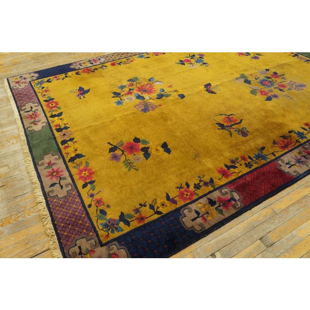 1920s Yellow Florid Antique Chinese Art Deco Carpet 7'2" X 9'10" Handknotted Wool Rug For Sale In New York - Image 6 of 14