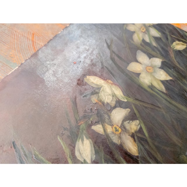 Late 19th Century 19th Century Country Primitive Rustic Naive Oil Painting of Narcissus or Daffodil Flowers For Sale - Image 5 of 8