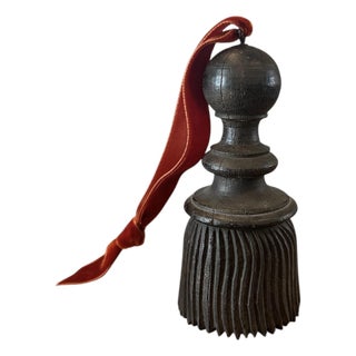 Antique French Carved Wood Tassel With Rust Red Velvet Ribbon For Sale