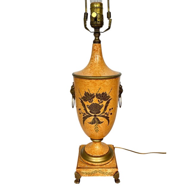 Traditional Vintage Made in Italy Urn Style Lamp, Footed Base Lions Head Knockers, Linen Shade For Sale - Image 3 of 10