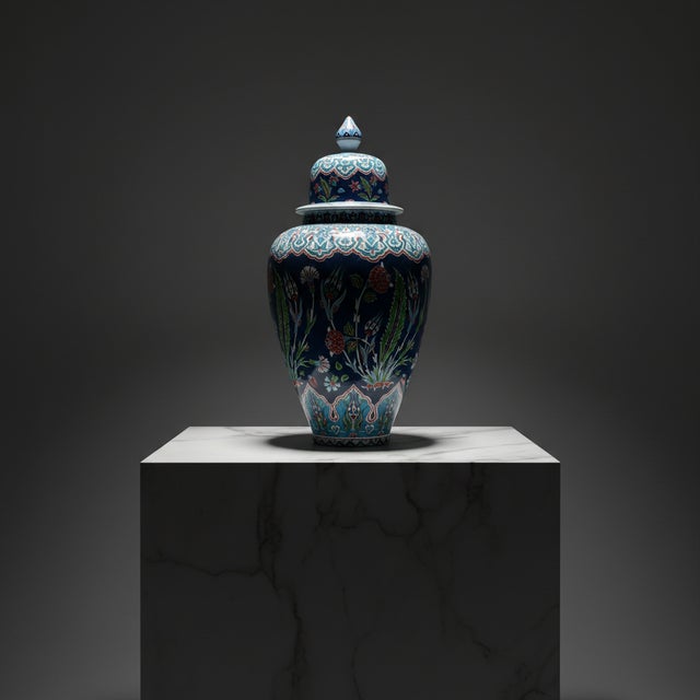 Ceramic Handmade Ceramic Grand Shah Vase with Lid (60cm) Dark Blue Saz Leaf and Carnation For Sale - Image 7 of 7