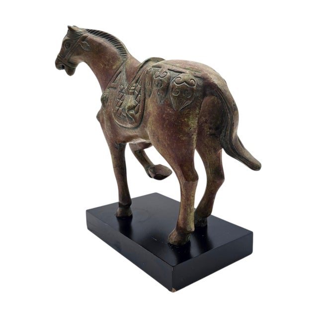 Late 20th Century Chinese Tang-Style Patinated Metal Horse Sculpture on Black Plinth For Sale - Image 10 of 17