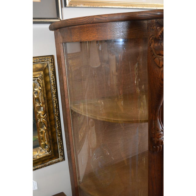 Antique Empire Oak Curved Bowfront Glass Curio Display Cabinet Paw Feet & Carved Lions For Sale - Image 9 of 18