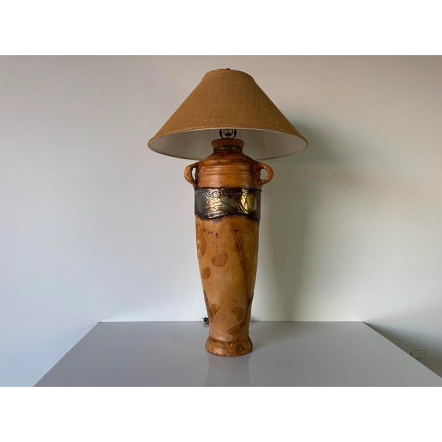 Contemporary 1980s Vintage Organic Modern Wrapped Leather and Embossed Metal Table Lamp/ Sold For Sale - Image 3 of 12