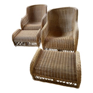 Vintage Smith & Hawken Wicker/Rattan Lounge Chairs With Ottomans For Sale