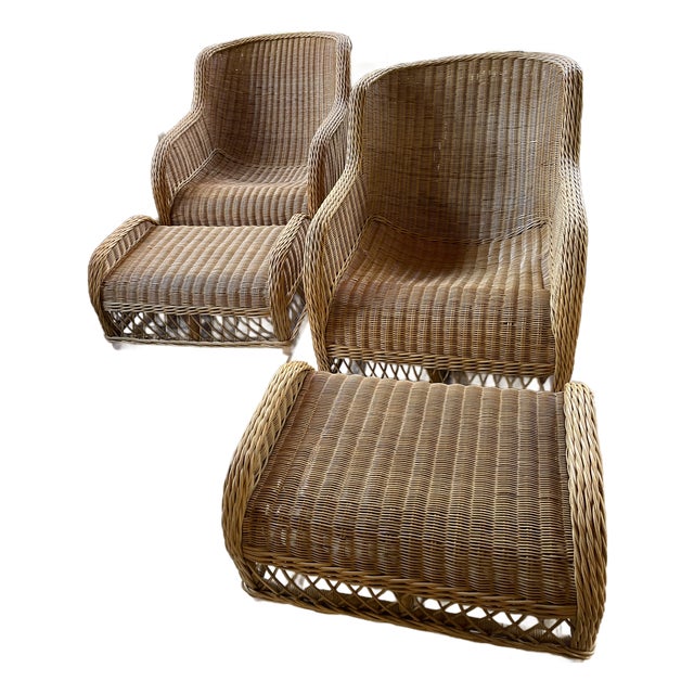 Vintage Smith & Hawken Wicker/Rattan Lounge Chairs With Ottomans For Sale