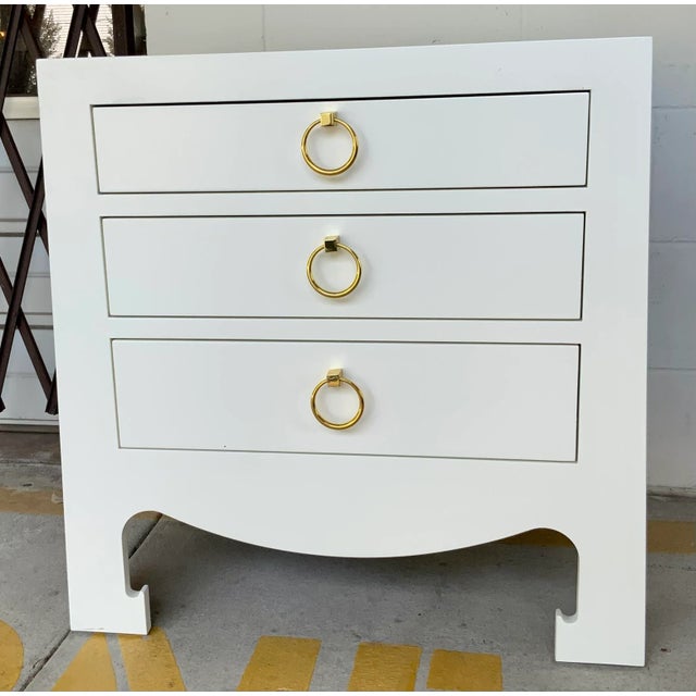 Original Retail $1959, stylish Villa & House (Bungalow 5) Asian Modern White Jacqui Side Table, three drawers adorning...